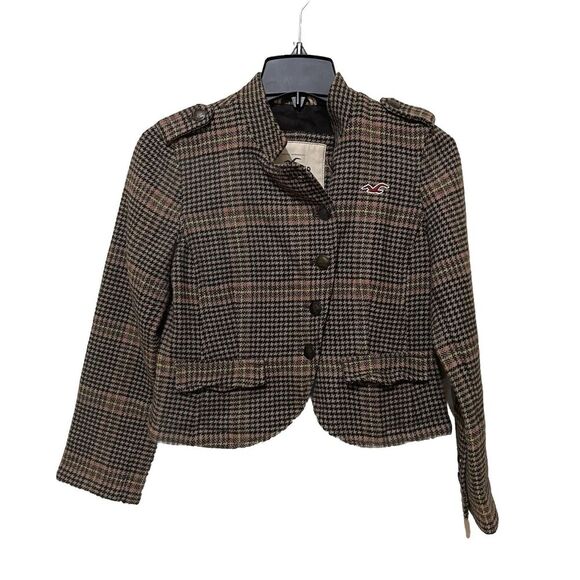 VINTAGE Hollister Women Jacket XS Brown Y2K Houndstooth Plaid Crop Dark Acadamia - Picture 1 of 8